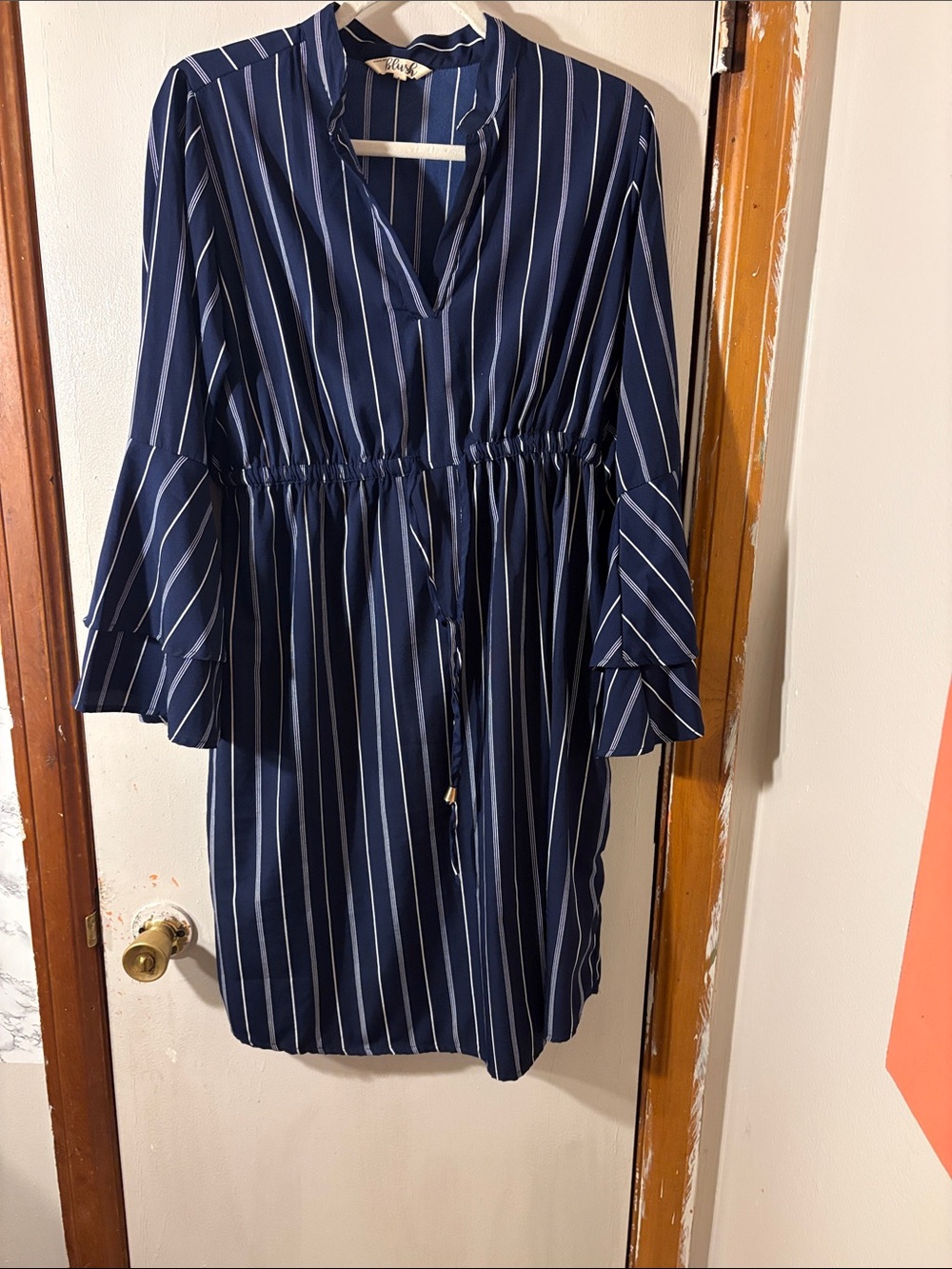 Hint of Blush Navy Blue Vertical Stripe V-Neck Drawstring Dress
